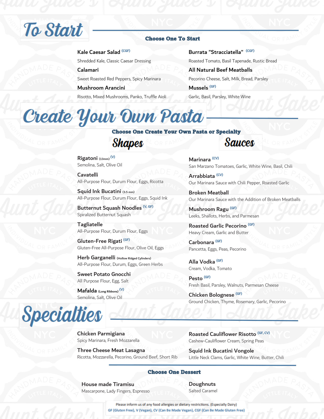 Aunt Jake’s How to Make Pasta Experience 3-Course Menu