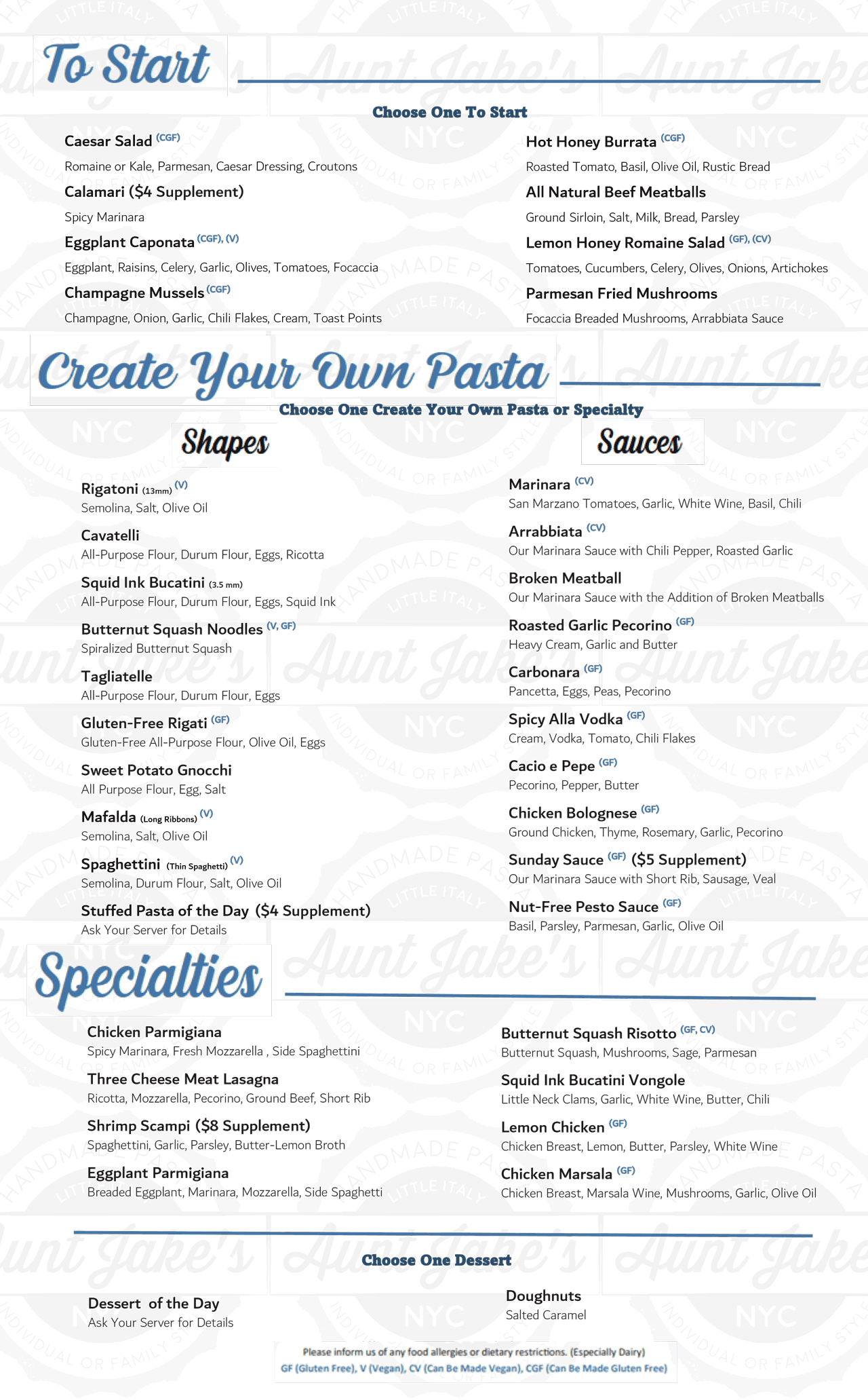 PASTA CLASS MENU